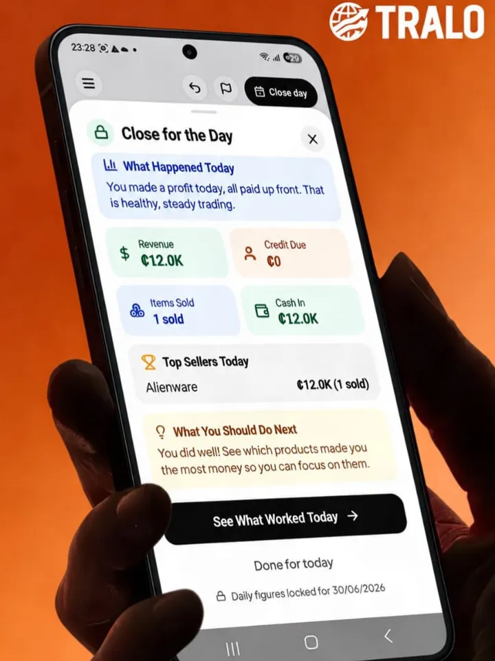 Tralo's close-of-day screen on a phone.
