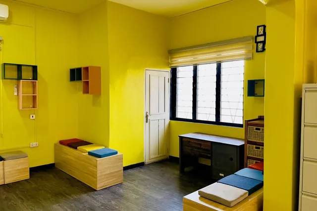 The working corner, with the window and storage.